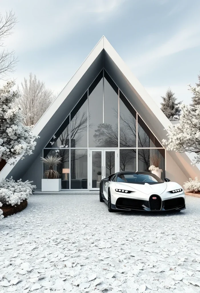 Luxury A-frame house, winter landscape, reflective glass, modern design.