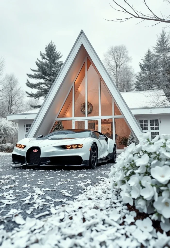 Luxury A-frame house, holiday wreath, winter setting, supercar aesthetic.