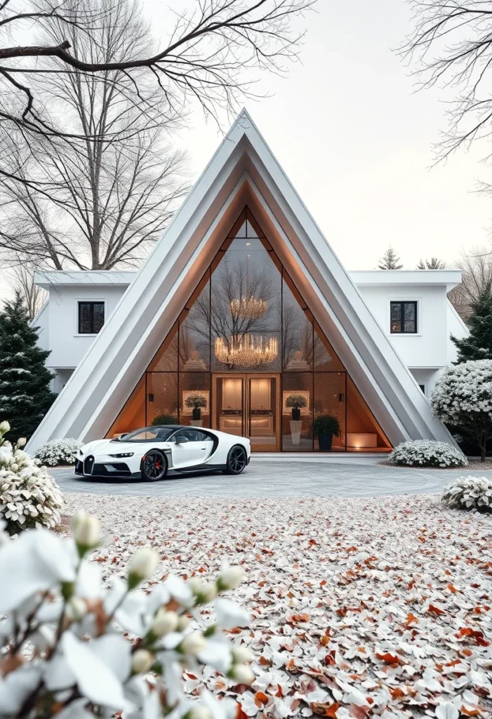 Tall luxury A-frame house, symmetrical design, interior chandelier, supercar style.