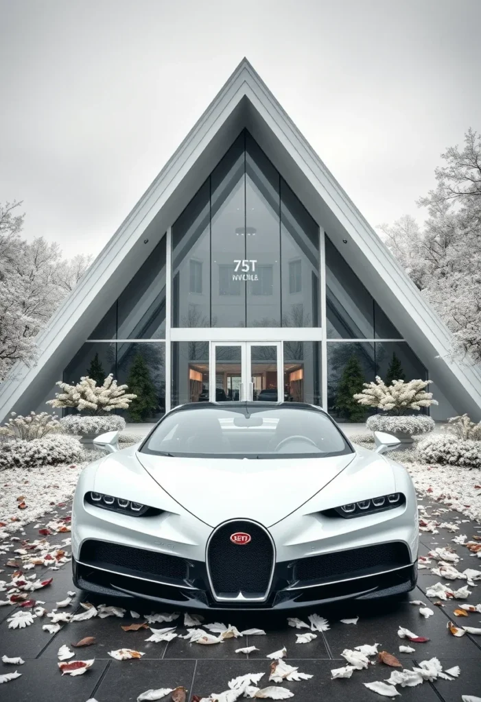 Luxury A-frame house, personalized signage, minimalist design, supercar aesthetic.