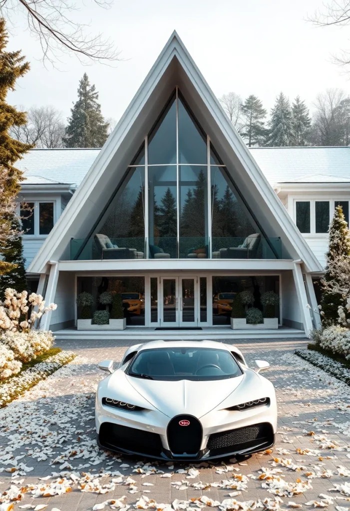 Luxury A-frame house, indoor-outdoor living, patio seating, supercar-inspired.