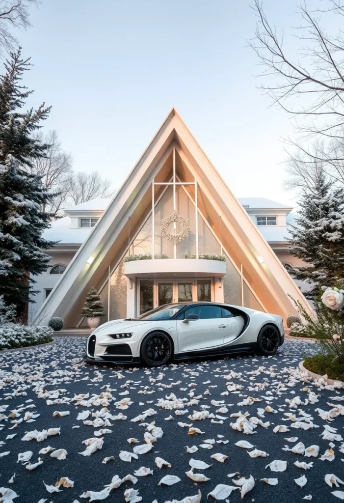 Luxury A-frame house, side view, sloping roof, minimalist landscaping, supercar style.