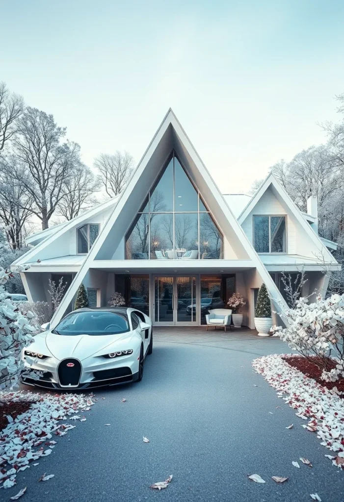 Luxury Triangle House, modern A-frame, expansive driveway, supercar aesthetic.