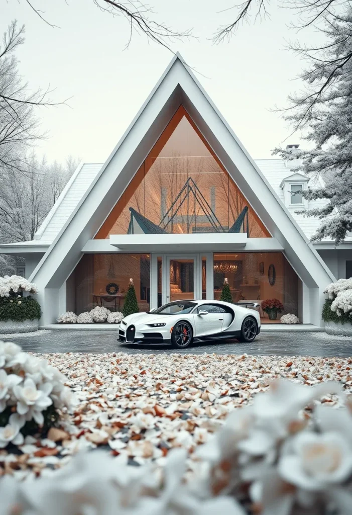 Luxury A-frame home, amber accents, supercar-inspired design.