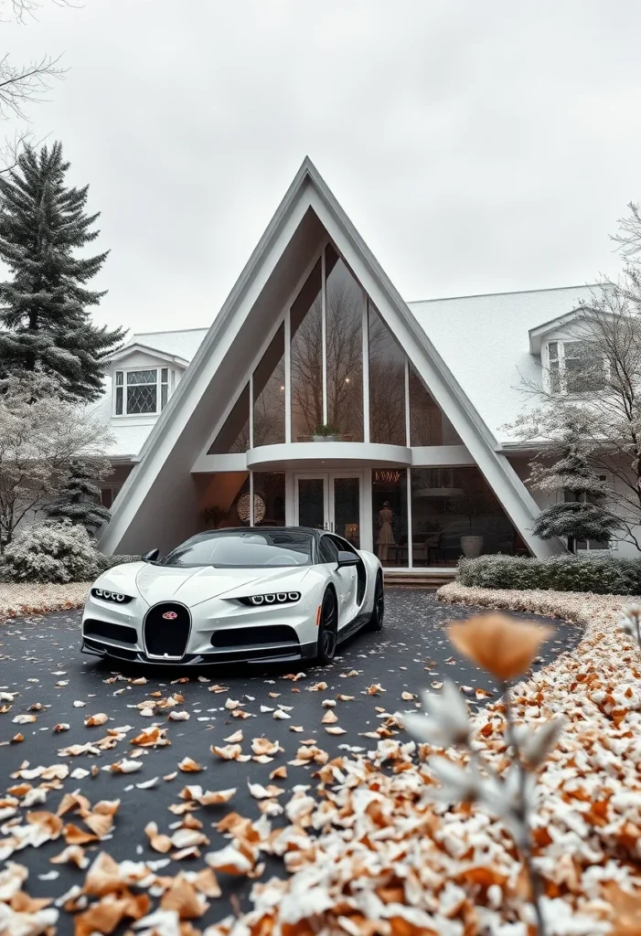 Luxury A-frame home, autumn leaves, minimalist design, supercar aesthetic.