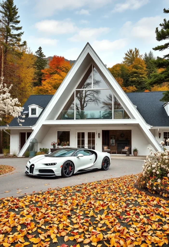 Luxury A-frame cottage, fall foliage, minimalist design, supercar aesthetic.