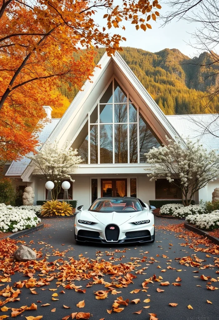 Luxury A-frame home, autumn setting, fall colors, supercar-inspired.