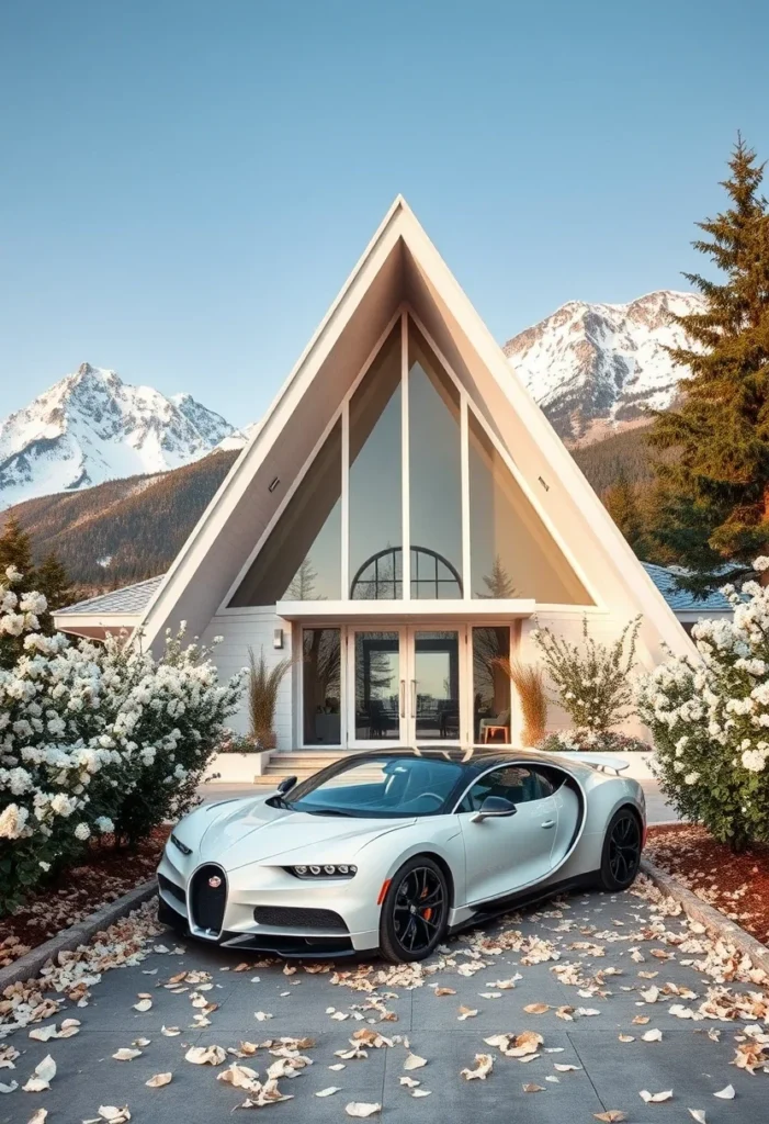 Luxury A-frame home, mountain backdrop, scenic view, supercar aesthetic.