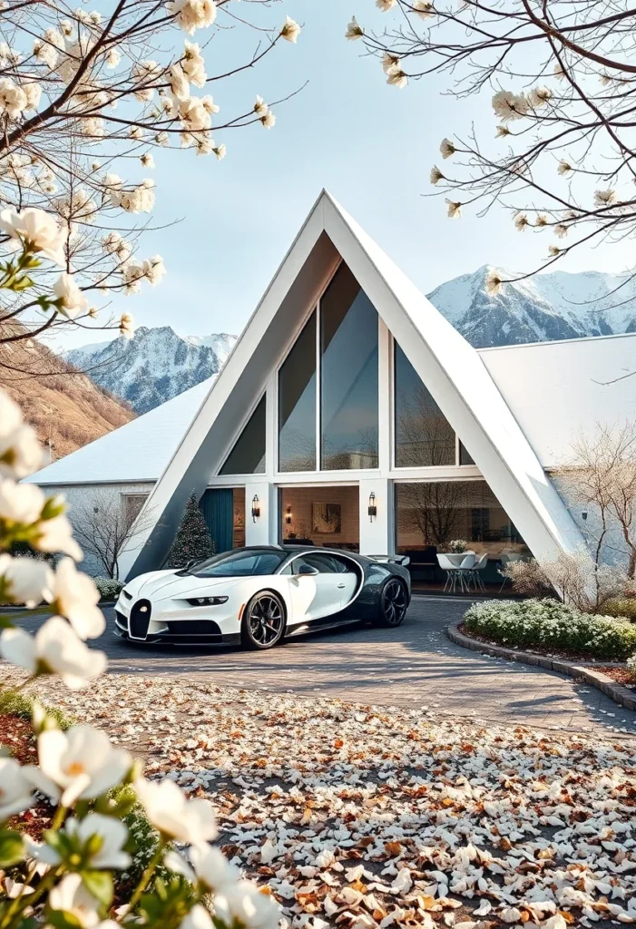 Luxury A-frame home, spring blossoms, mountain view, supercar style.