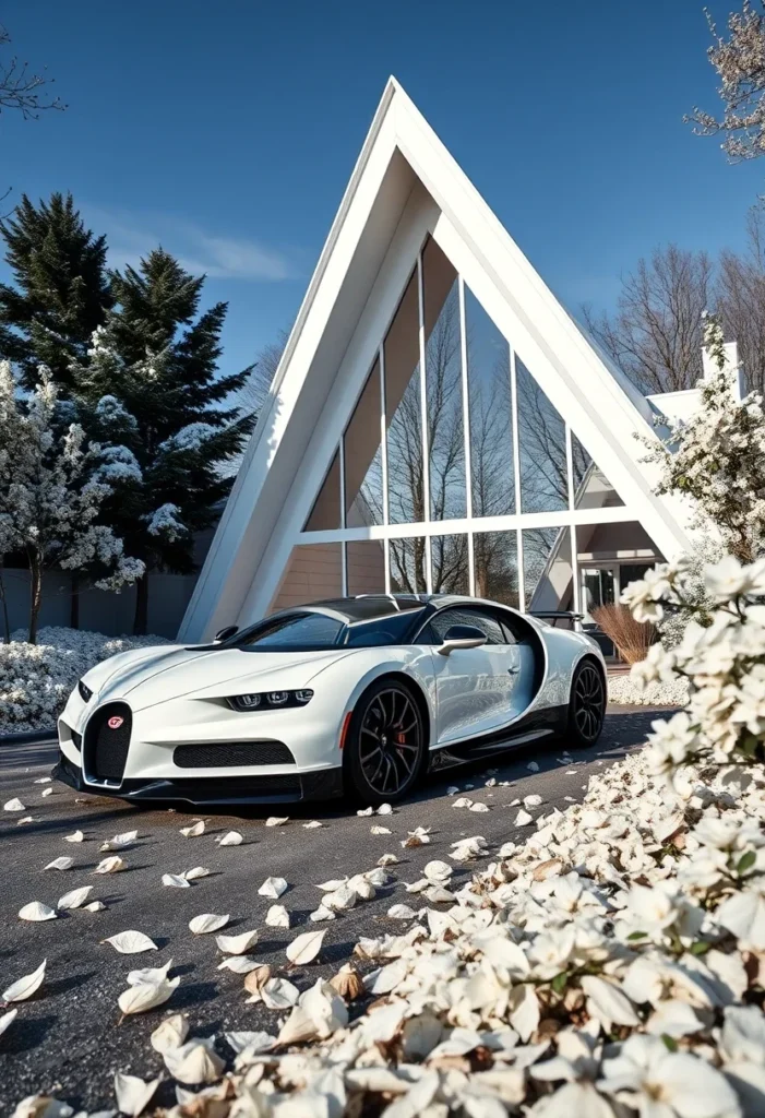 Sunlit luxury A-frame house, supercar aesthetic, minimalist design.