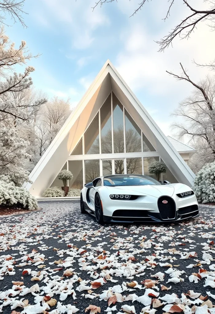 Modern A-frame home, glass facade, inviting entrance, supercar style.