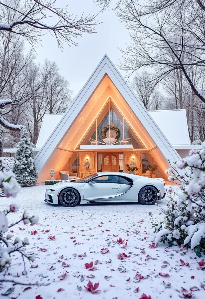 Luxury A-frame home, illuminated interior, evening glow, supercar design.