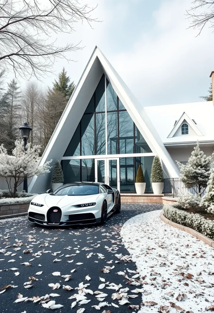 Luxury A-frame house inspired by supercar aesthetic, manicured landscaping.