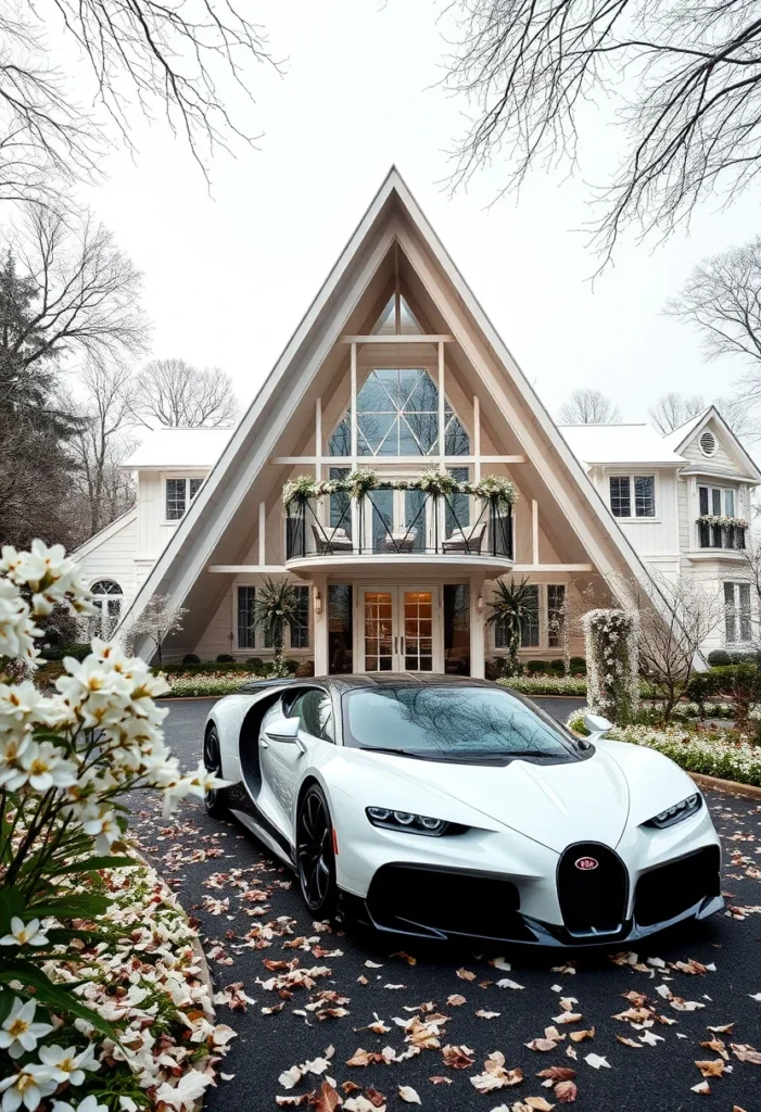 Luxury A-frame house, balcony view, supercar-inspired, floral accents.