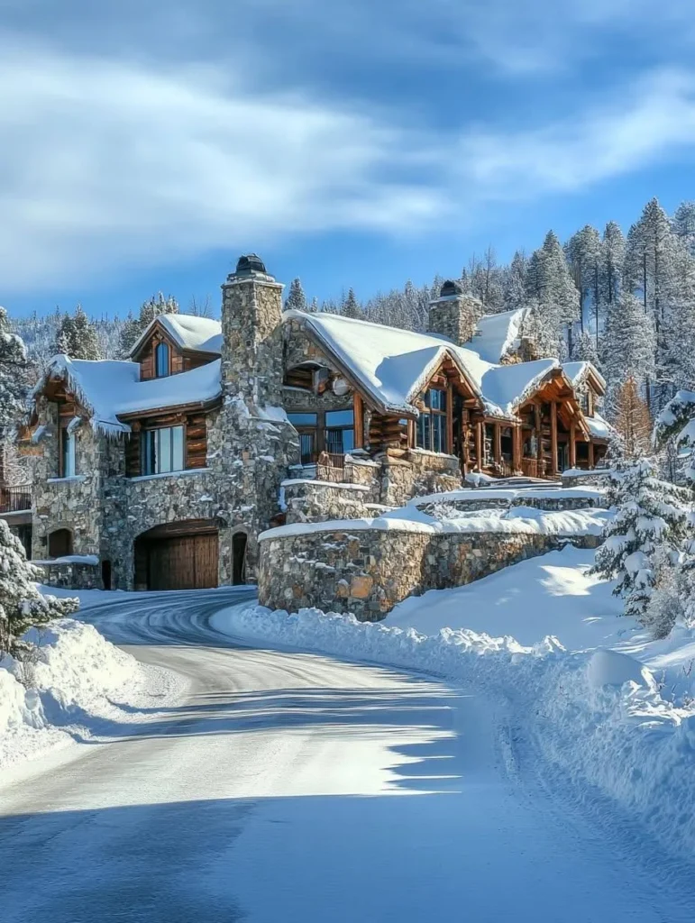 Mountain chalet with long, curved driveway, surrounded by snow-covered trees.