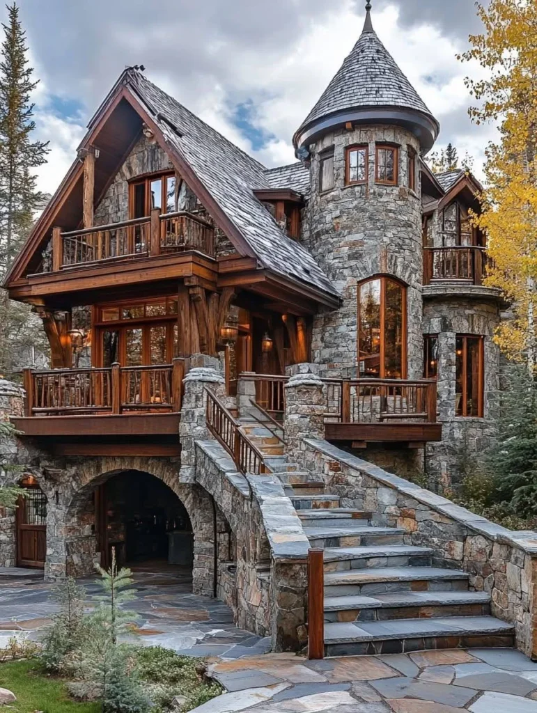 uxury chalet with stone turret, wooden balconies, and a grand stone staircase.