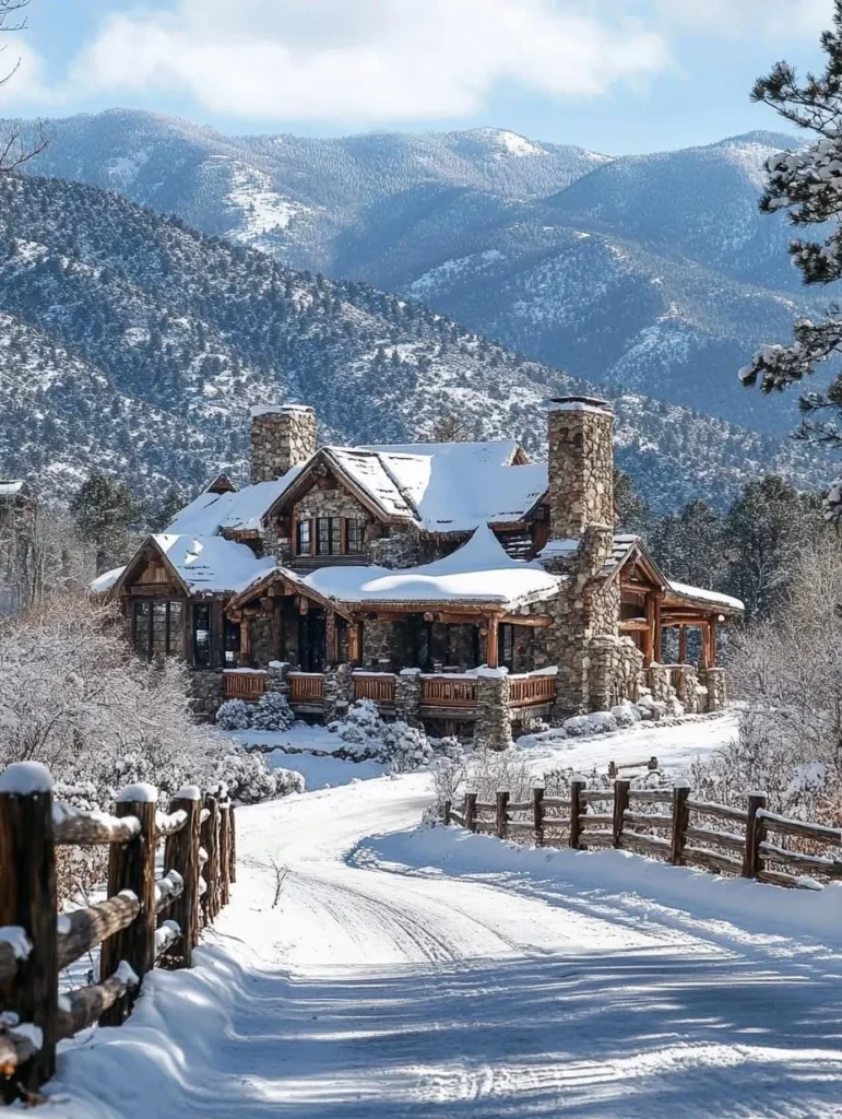 Mountain chalet with wraparound porch, snow-covered landscape, and a backdrop of majestic mountains.