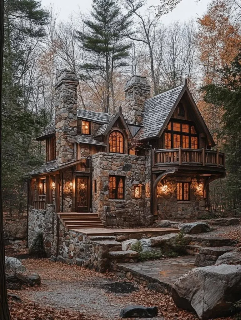 Stone and wood chalet nestled among autumn trees, with warm light emanating from windows.