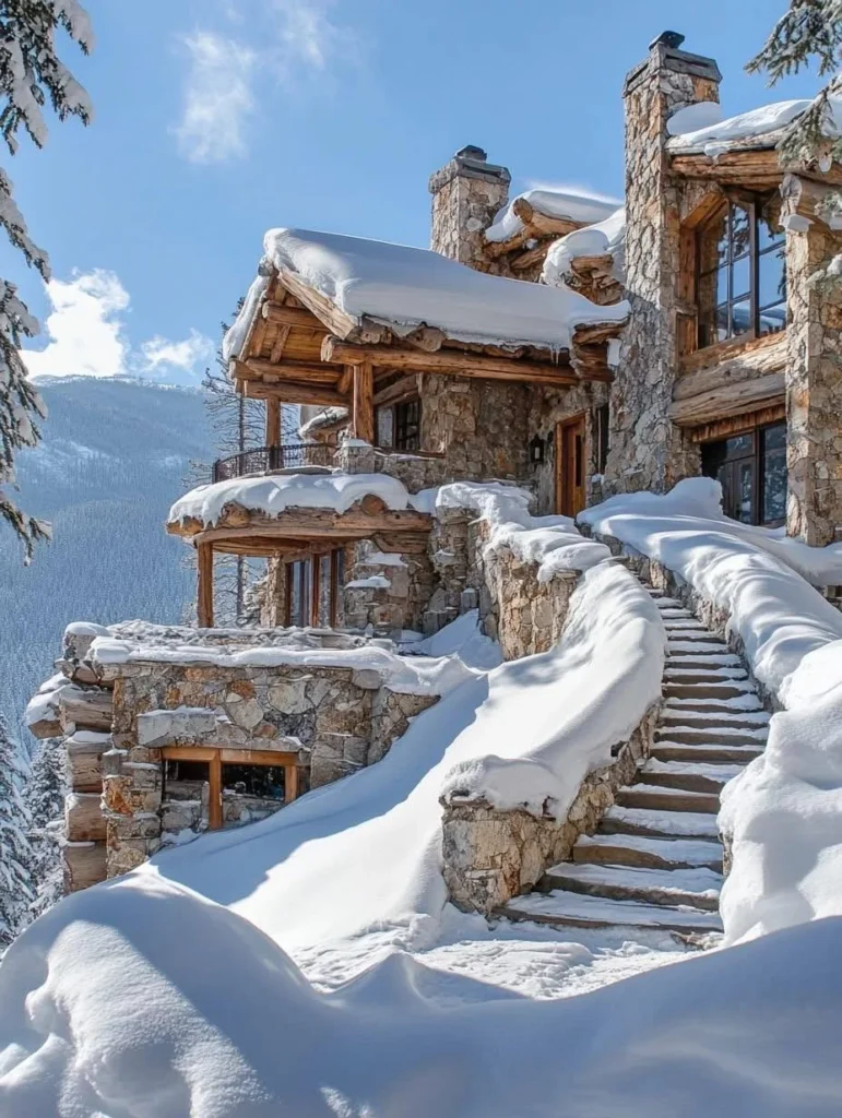 Luxury mountain chalet built into a snow-covered slope, with stone walls and a winding staircase.