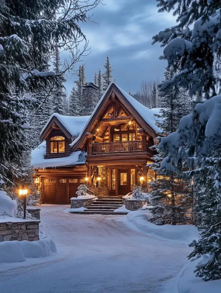 Log cabin in a snowy landscape, illuminated by warm exterior lighting, surrounded by pine trees.