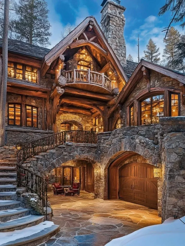 Luxury mountain chalet with a grand stone archway leading to the entrance, illuminated interior.