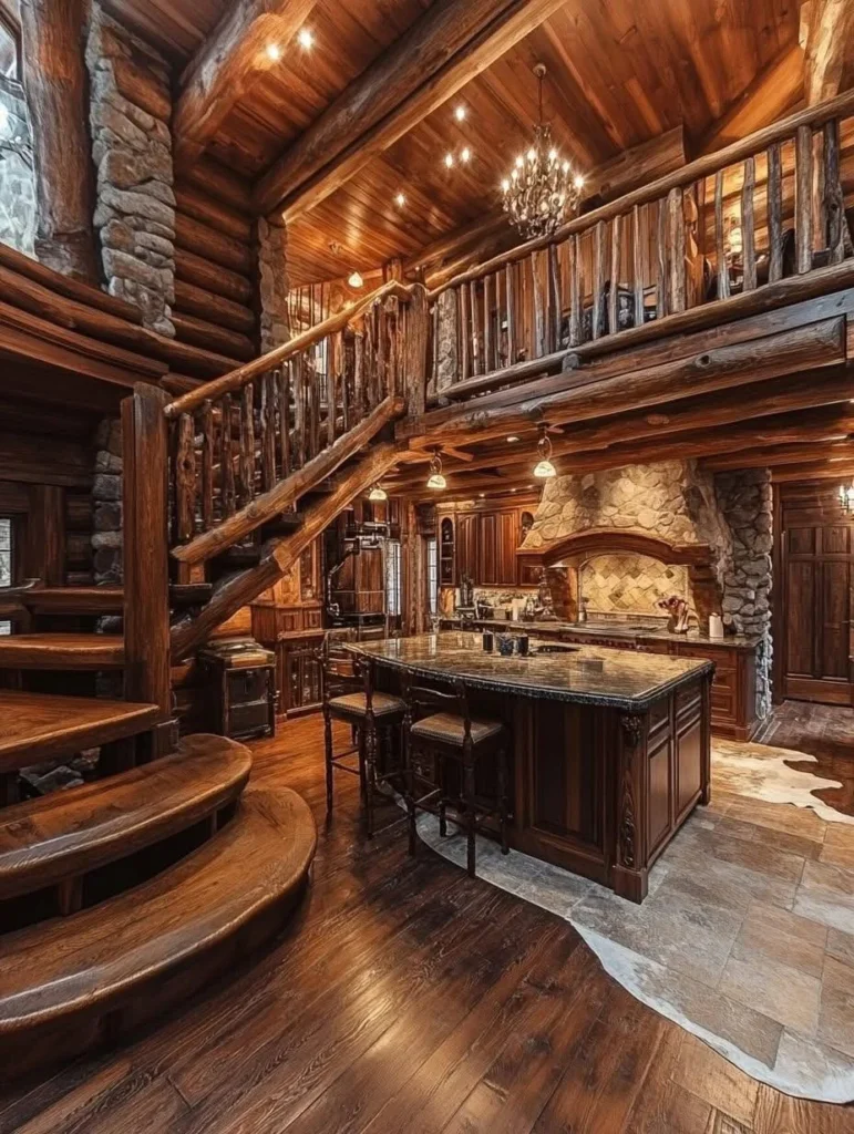 Interior of a log cabin featuring a grand wooden staircase, open-concept living area, and a gourmet kitchen.