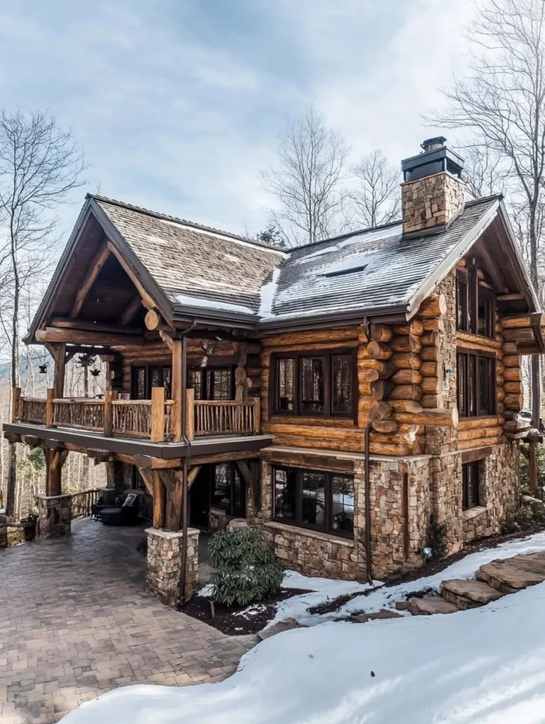 Log cabin with a covered wrap-around porch, stone foundation, and a snowy landscape.