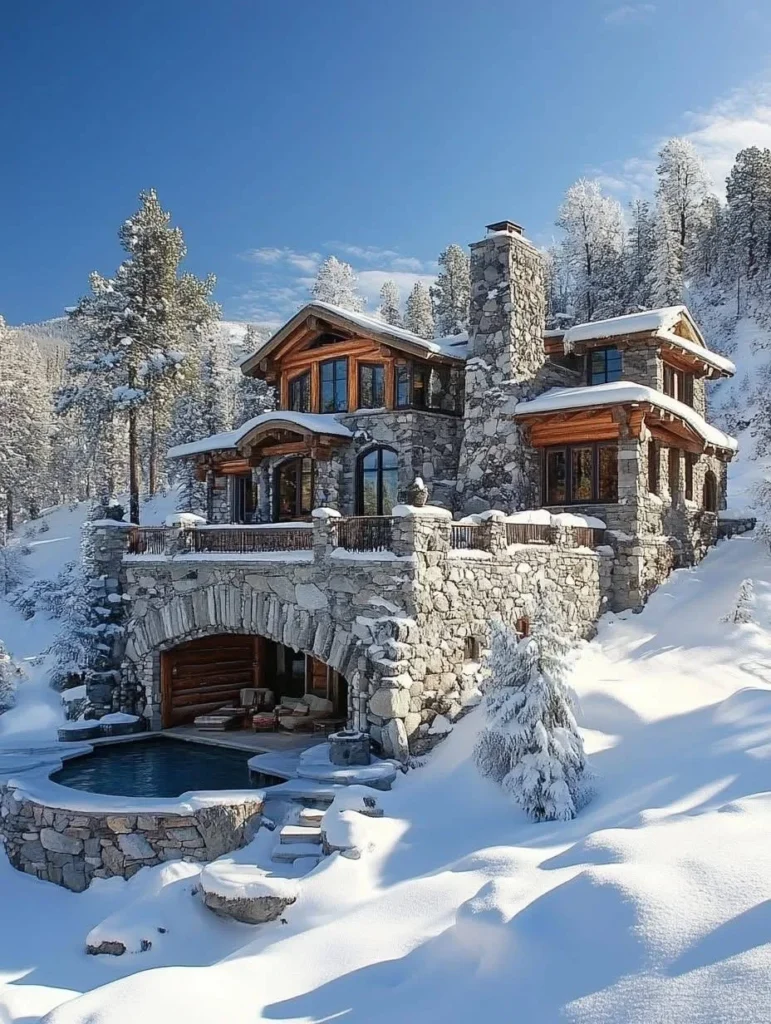 Luxury mountain chalet with an outdoor pool and hot tub, surrounded by snow, with stone archways and patio.