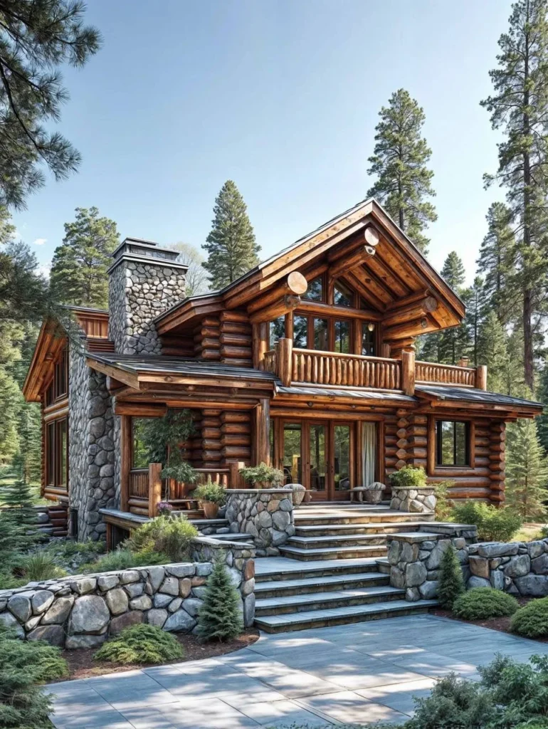 Classic log cabin with a stone chimney, front porch, and landscaping, surrounded by pine trees.