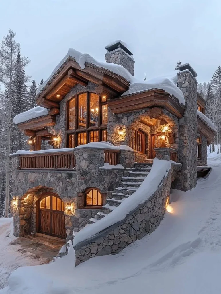 Stone mountain chalet at dusk, with warm exterior lighting, snow-covered surroundings.