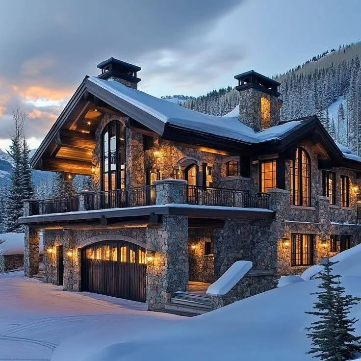 Modern mountain chalet with a dark stone exterior, large windows, and snow-covered surroundings at dusk.