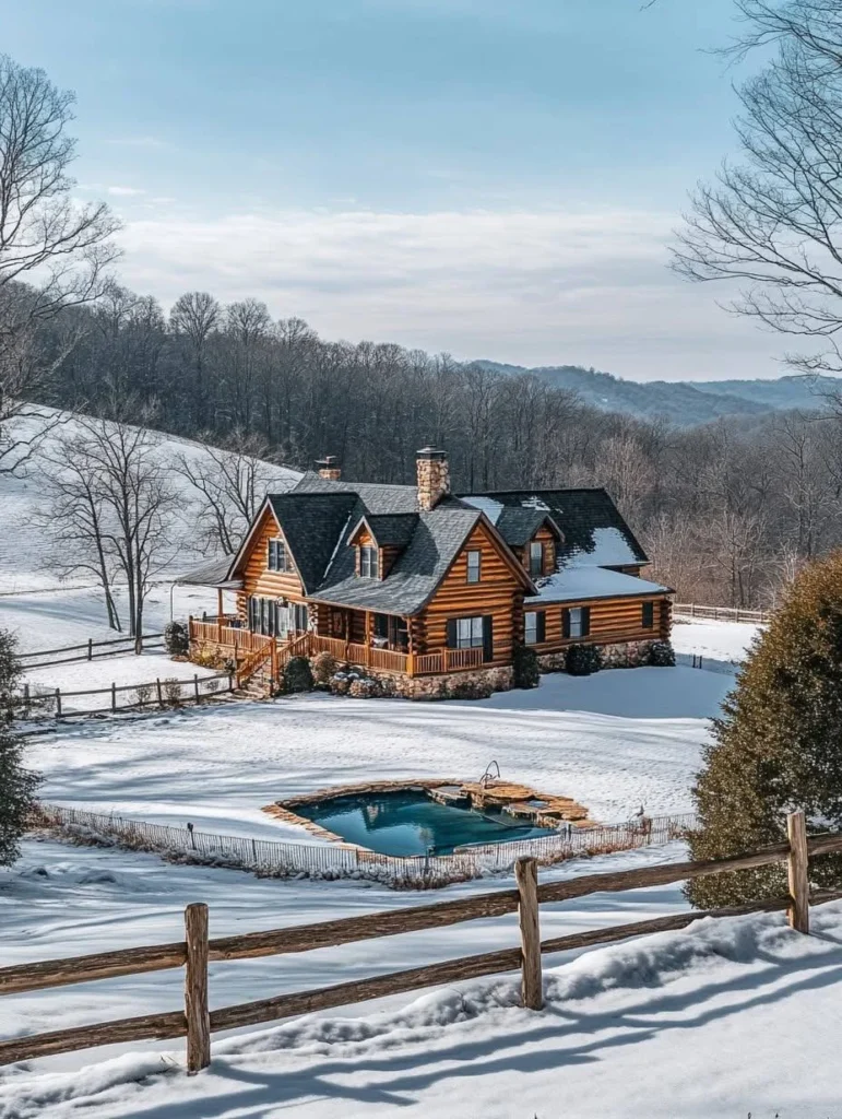 Log cabin with an in-ground pool, surrounded by a snow-covered field and rolling hills in the distance.