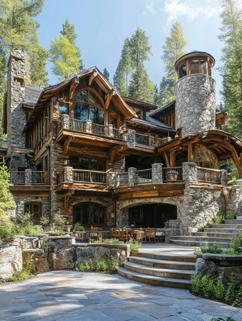 Large, multi-story log home with balconies, a stone turret, and a spacious patio, surrounded by tall trees.