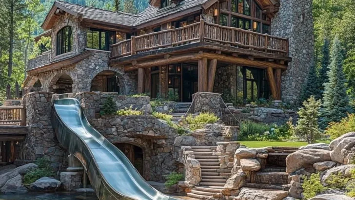 Mountain chalet with a built-in waterslide entering a natural-looking pool, surrounded by lush greenery and stonework.