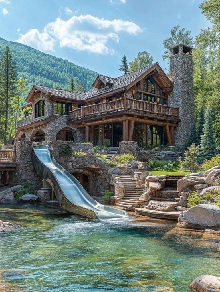 Mountain chalet with a built-in waterslide entering a natural-looking pool, surrounded by lush greenery and stonework.