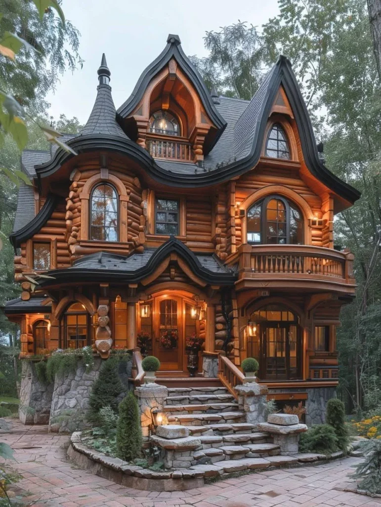 Fairytale-style log cottage with curved rooflines, a turret, and warm lighting, nestled among trees at dusk.