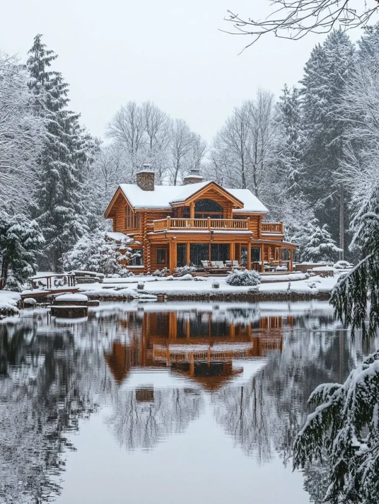 Log cabin with a large deck reflected in a calm lake, surrounded by snow-covered trees on a foggy day.