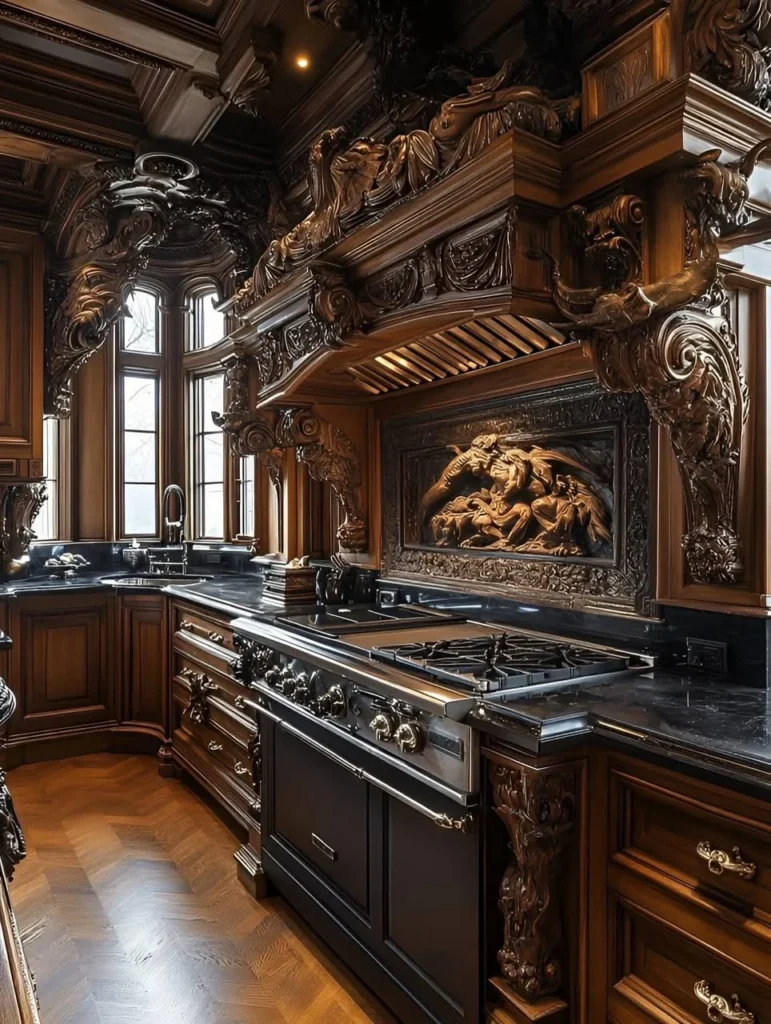 Luxury chalet kitchen with intricate wood carvings, dark countertops, and a professional-grade range.