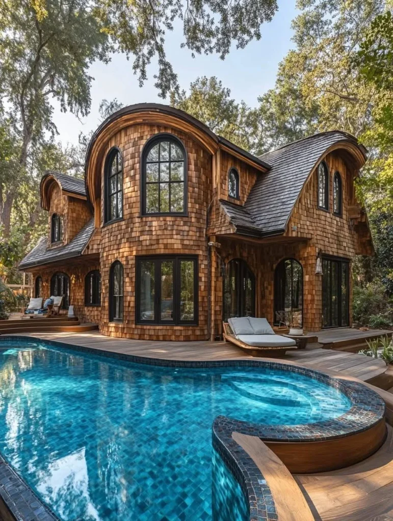 Home with cedar shake siding, arched windows, and a uniquely curved pool and hot tub.