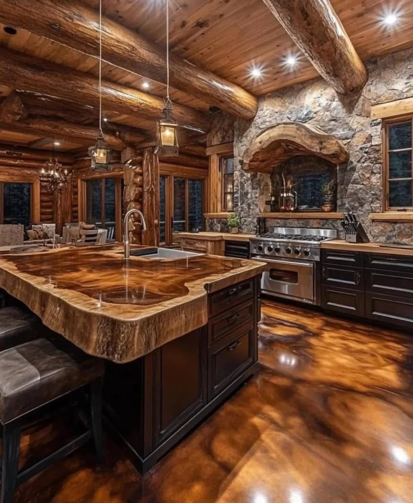 Rustic log cabin kitchen with a live-edge wood island countertop, stone backsplash, and stainless steel appliances.