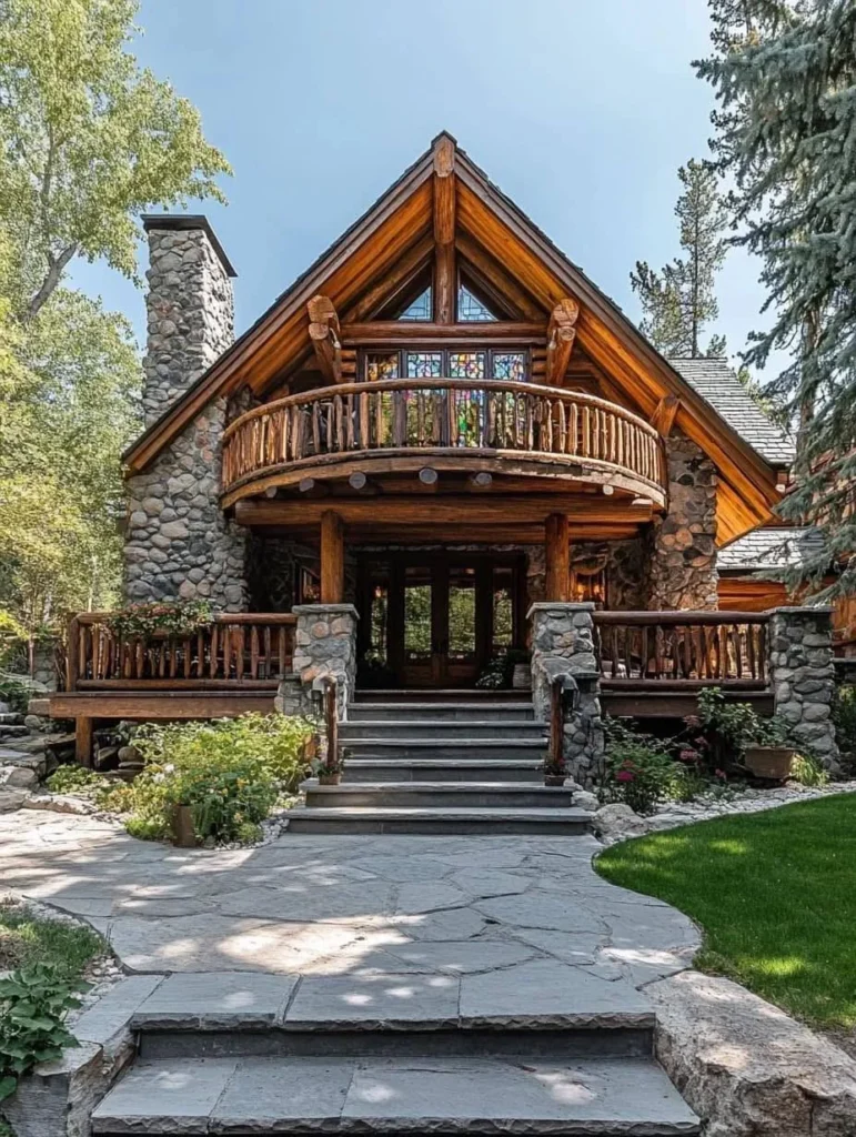 Log cabin with a prominent gable roof, curved balcony, stone accents, and landscaped front yard.