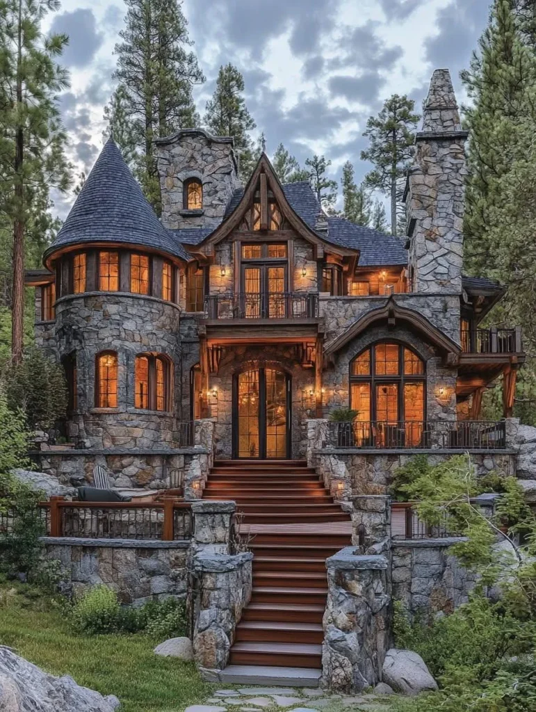 Stone mountain chalet with turret, multiple levels, and surrounding trees at dusk.