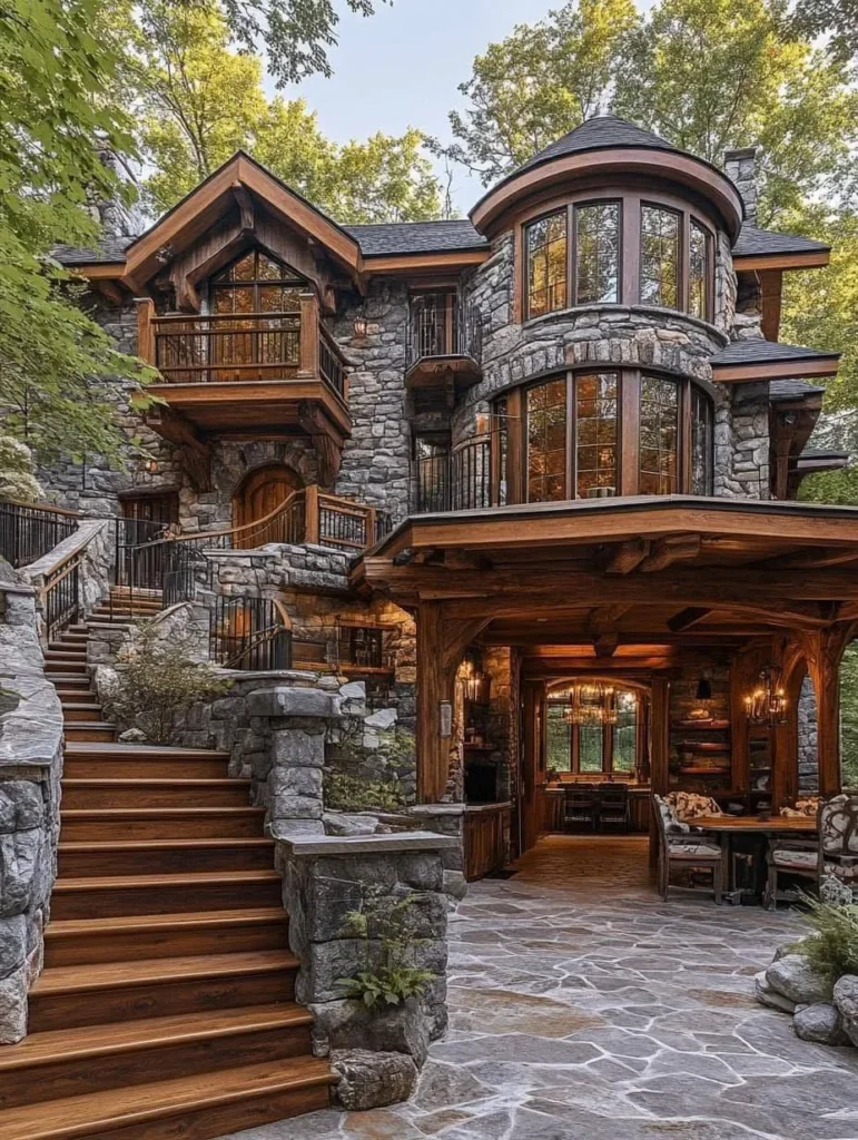 Large chalet with a prominent stone turret, multiple levels, staircases, and a stone patio, surrounded by trees.