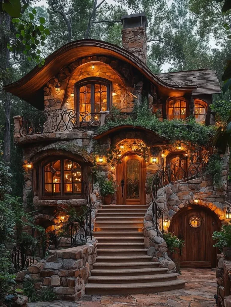 Storybook-style stone cottage with a curved roof, illuminated windows, and a winding staircase, surrounded by trees at dusk.