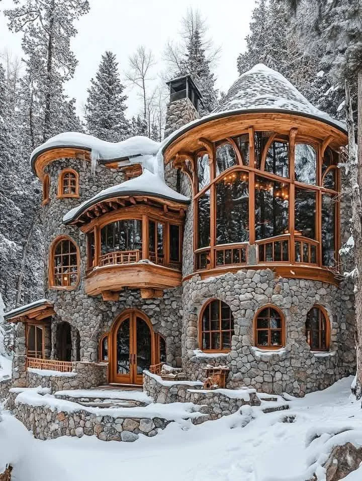 Stone chalet with a large, rounded, windowed turret, surrounded by snow and pine trees.