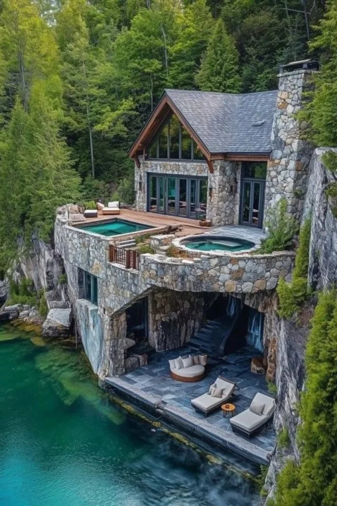 Luxury home built into a cliffside, featuring multiple pools, a lounge area, and overlooking a lake.