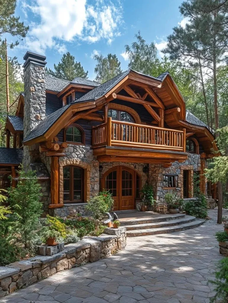 Rustic cabin with a large porch, prominent gable roof, curved balcony, and stone accents.