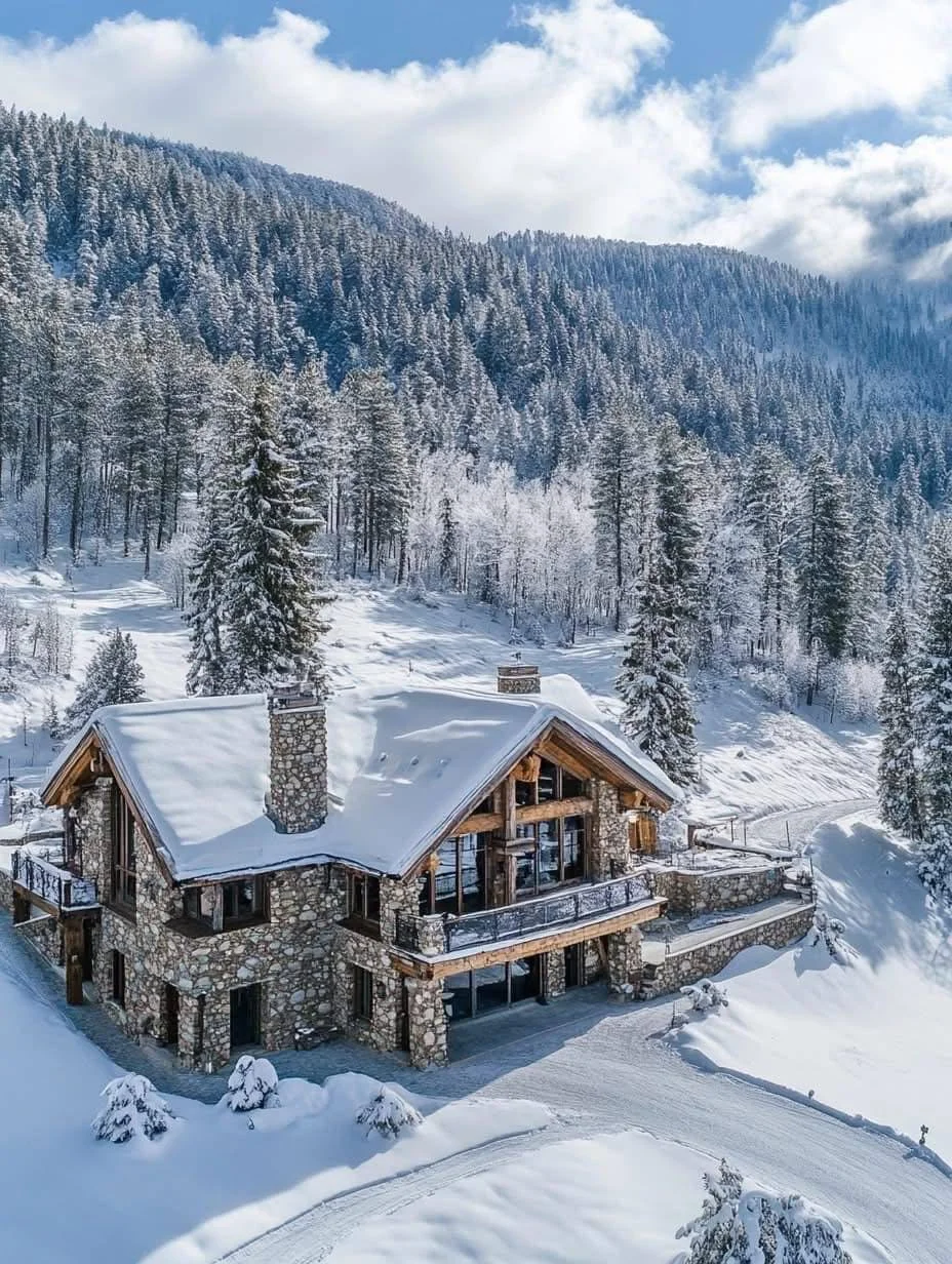 Luxury mountain chalet surrounded by a snowy landscape, with large windows and a patio overlooking snow-covered mountains