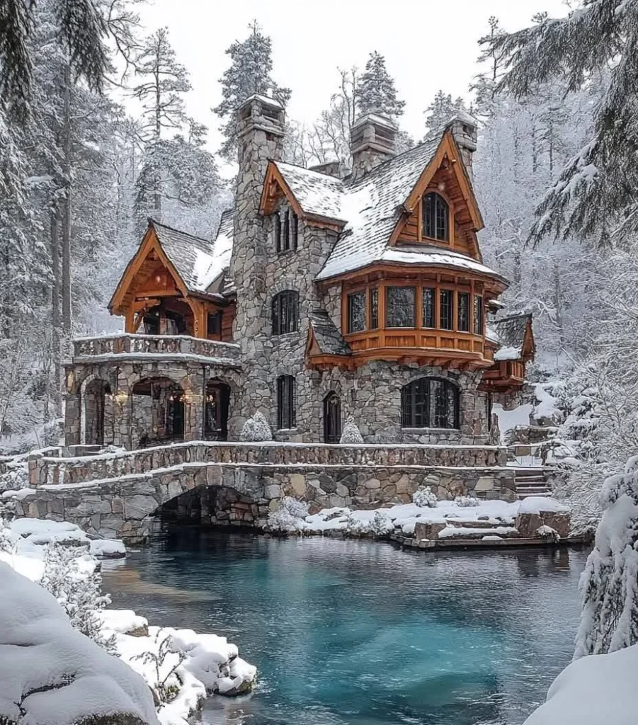 Stone chalet with a private stone bridge over a stream, surrounded by a snowy landscape.