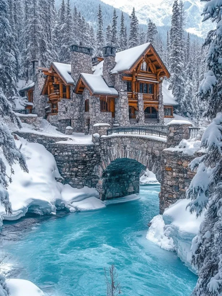 Luxury mountain chalet with stone bridge over a flowing river, surrounded by snowy trees.